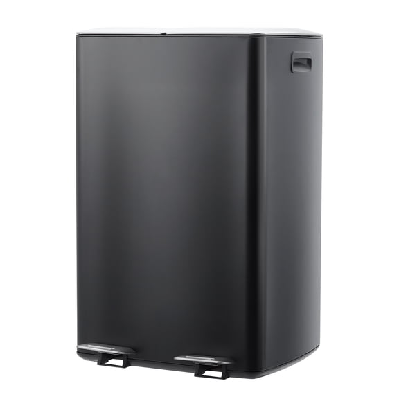 16 Gal Dual Kitchen Trash Can, 2 x 8 Gallon Stainless Steel Step Trash Can with Soft Close Lids & Foot Pedals, Garbage and Recycling Bin Combo with Removable Inner Buckets for Home Office, Black