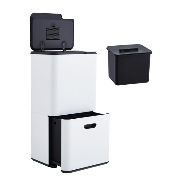 16 Gal Dual Trash Can for Kitchen – 2 Compartment (33L + 28L) Garbage & Recycle Bin Combo with Compost Bin – Stainless Steel Odor Control Trash Can with Removable Inner Buckets – White