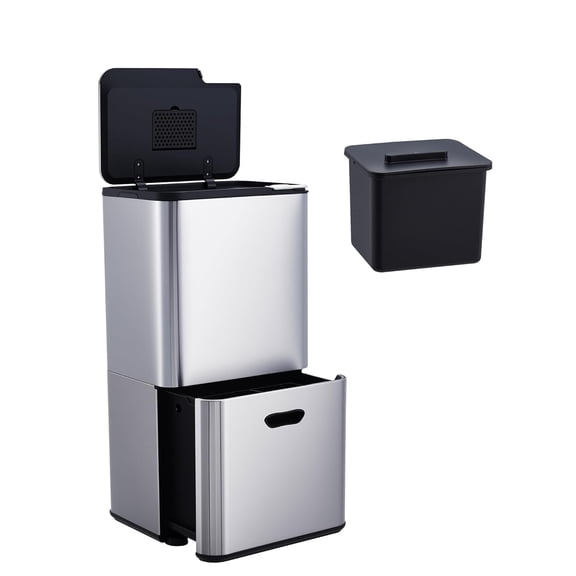 16 Gal Dual Trash Can for Kitchen, 2 Compartment (33l + 28l) Garbage Can with Compost Bin, Stainless Steel Trash and Recycle Bin Combo with Removable Inner Bucket, Odor Control, Silver