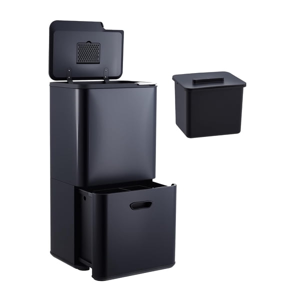 16 Gal Dual Trash Can for Kitchen, 2 Compartment (33l + 28l) Garbage Can with Compost Bin, Stainless Steel Trash and Recycle Bin Combo with Removable Inner Bucket, Odor Control, Black