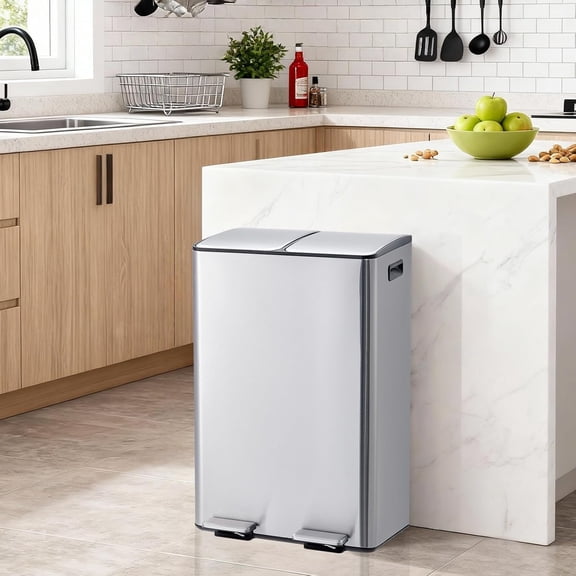 16 Gal Dual Trash Can for Kitchen, 2 x 30 L Stainless Steel Garbage Can with Lid, Double Compartments and Inner Bucket, Step-on Metal Trash and Recycle Bin Combo, for Home Office, Silver