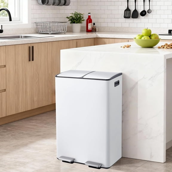 16 Gal Dual Trash Can for Kitchen, 2 x 30 L Stainless Steel Garbage Can with Lid, Double Compartments and Inner Bucket, Step-on Metal Trash and Recycle Bin Combo, for Home Office, White