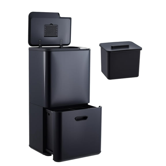 16 Gal Dual Trash Can for Kitchen,Stainless Steel 2 Compartment Kitchen Garbage Can with Removable Bucket & Odor Control,Compost Bin,33L+28L 3-in-1 Garbage and Recycling Bin Combo
