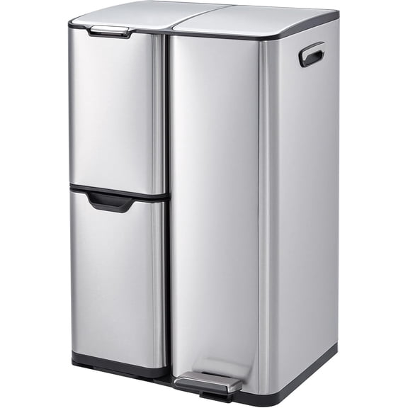 16 Gal Kitchen Trash Can with Lid, Triple Compartment Stainless Steel Garbage Can with Foot Pedal and Removable Inner Bucket, Trash and Recycle Bin Combo for Bathroom Home Office, Silver