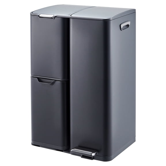 16 Gal Kitchen Trash Can with Lid, Triple Compartment Stainless Steel Garbage Can, Removable Inner Buckets, Collapsible Foot Pedal – Kitchen, Home, Office, Indoor Use