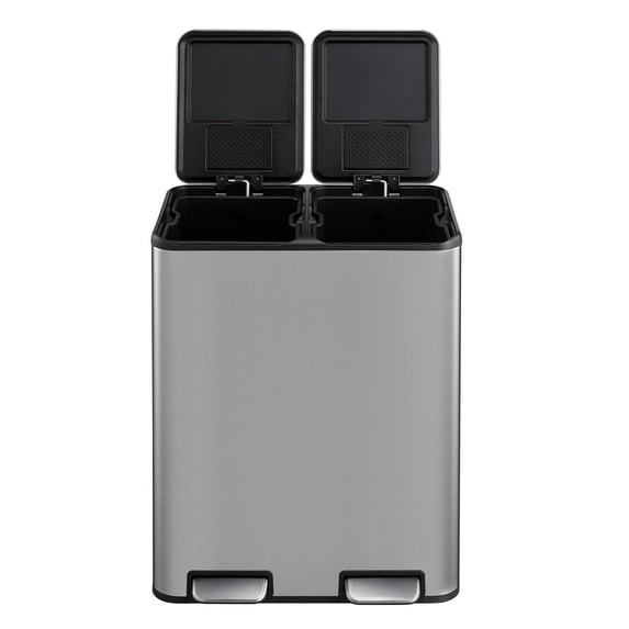 16 Gallon (2x30L) Dual Kithcen Trash Can, Rectangular Hands-Free Dual Compartment Recycling Kitchen Step Trash Can with Soft-Close Lid, Built in Filter for Odor Control