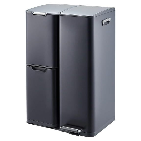 16 Gallon 3-Compartment Kitchen Trash Can with Lid – Stainless Steel Garbage Can with Foot Pedal & Removable Inner Buckets, Trash and Recycle Bin Combo for Bathroom, Home Office – Black
