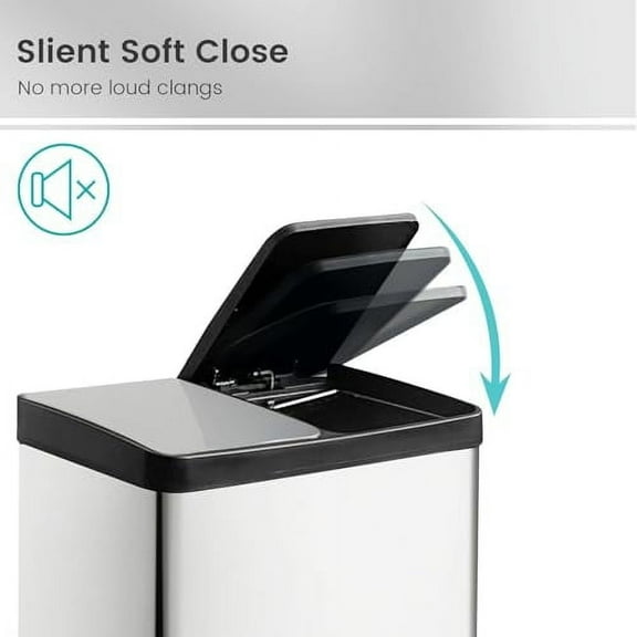 16 Gallon / 60 Liter Dual Compartment Trash and Recycling Bin with Soft-Close Lid, 2 x 8 Gallons Stainless Steel Kitchen Trash Can, Waste Bin for Home, Office, or Outdoor Use