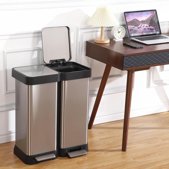 16 Gallon/ 60L Dual Kitchen Trash Can, 2x8 Gallon Stainless Steel Double Garbage Can with Inner Bucket, Two Compartment Step Recycle Bin with Soft-Close Lid for Kitchen, Office