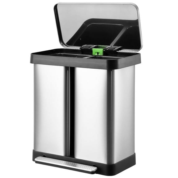 16 Gallon / 60L Dual Kitchen Trash Can, 2x8 Gallon Stainless Steel Garbage & Recycling Bin with Foot Pedal, Soft-Close Lid, Removable Inner Buckets, Fingerprint-Proof for Kitchen, Office