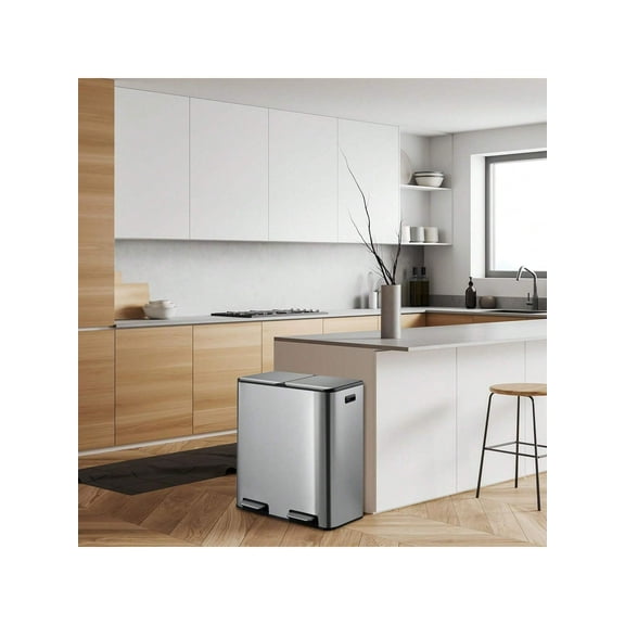 16 Gallon/60L Dual Kitchen Trash Can, 2x8 Gallon Step Garbage Can With Inner Wastebasket, Stainless Steel Rubbish Bins With Soft-Close Lid, Two Compartments Classified Recycle Bin For Kitchen