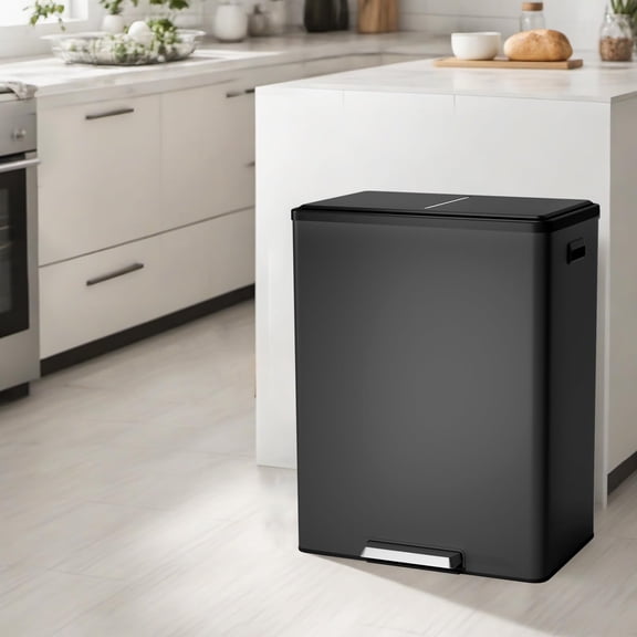 16 Gallon / 60L Stainless Steel Dual Compartment Trash Can – Hands-Free Step Pedal Recycling Bin with Lid and Removable Buckets for Kitchen & Bathroom