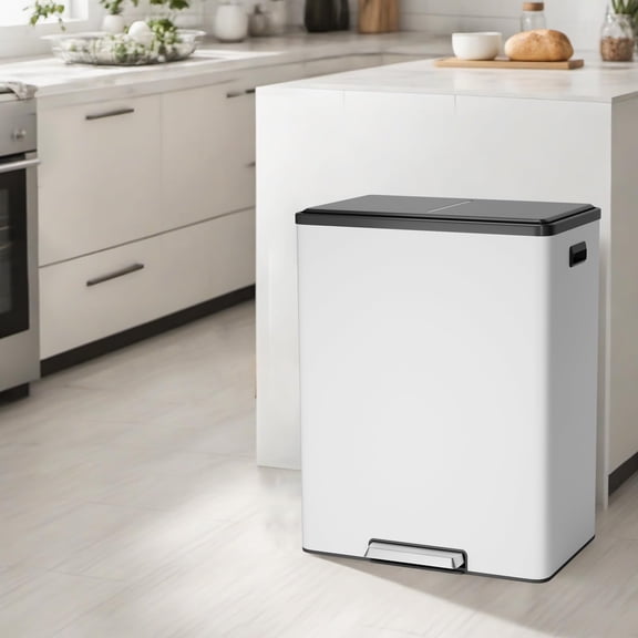 16 Gallon / 60L Stainless Steel Dual Compartment Trash Can – Hands-Free Step Pedal Recycling Bin with Lid and Removable Buckets for Kitchen & Bathroom