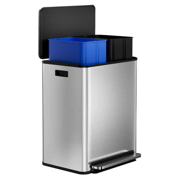 16 Gallon Dual Compartment Kitchen Trash Can, Stainless Steel Recycling and Waste Bin with Soft-Close Lid, Removable Inner Buckets, Step Pedal, 2x30L, for Home or Outdoor Composting, Silver