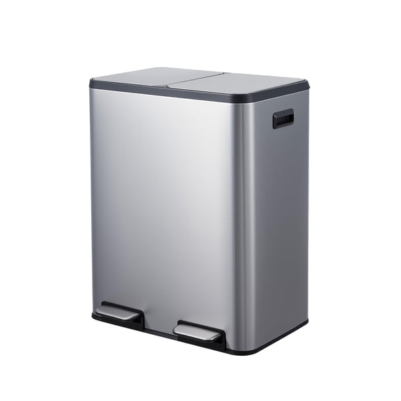 16 Gallon Dual Compartment Trash Can for Kitchen, 2x30L Commercial Recycling Bin with Soft-Close Lids & Pedals, Stainless Steel Garbage Can with Removable Inner Buckets for Restaurant Garage