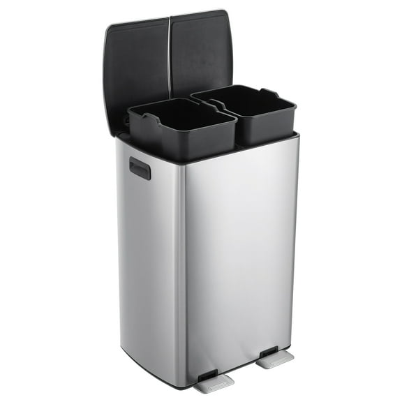 16 Gallon Dual Compartment Trash Can, Stainless Steel Recycling Bin with Soft-Close Lids, Foot Pedals & Dual Inner Buckets, 60L Commercial Garbage Can for Kitchen, Silver