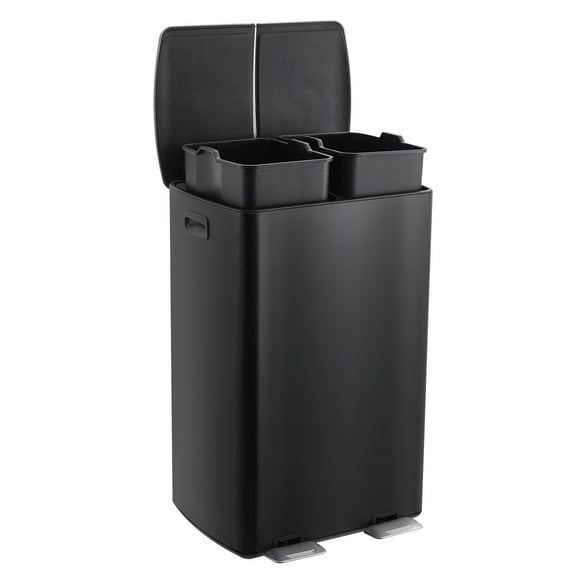 16 Gallon Dual Compartment Trash Can, Stainless Steel Recycling Bin with Soft-Close Lids, Foot Pedals & Dual Inner Buckets, 60L Commercial Garbage Can for Kitchen, Black