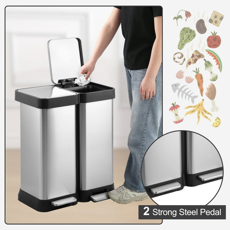16 Gallon Dual Trash and Recycling Bin Fingerprint Proof Stainless Steel Kitchen Garbage Can with Removable Inner Bucket and Double Lid Pedal