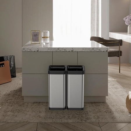 16 Gallon Lidless Dual Trash Can, 60L Dual Compartment Stainless Steel Recycling Bin, Open Top Trash Can, 2x8 Gallon, Garbage Bin for Kitchen, Office, Dining Room, Living Room, Silver