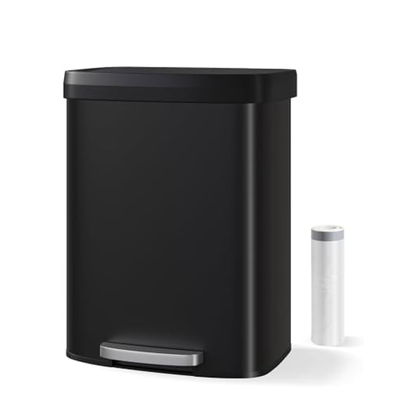 16 Gallon Metal Step Trash Can with Soft-Close Lid - 60l Large Kitchen Garbage Bin, Rustproof Construction, Includes Bag Retainer Rim & Rear Carry Handle, Black