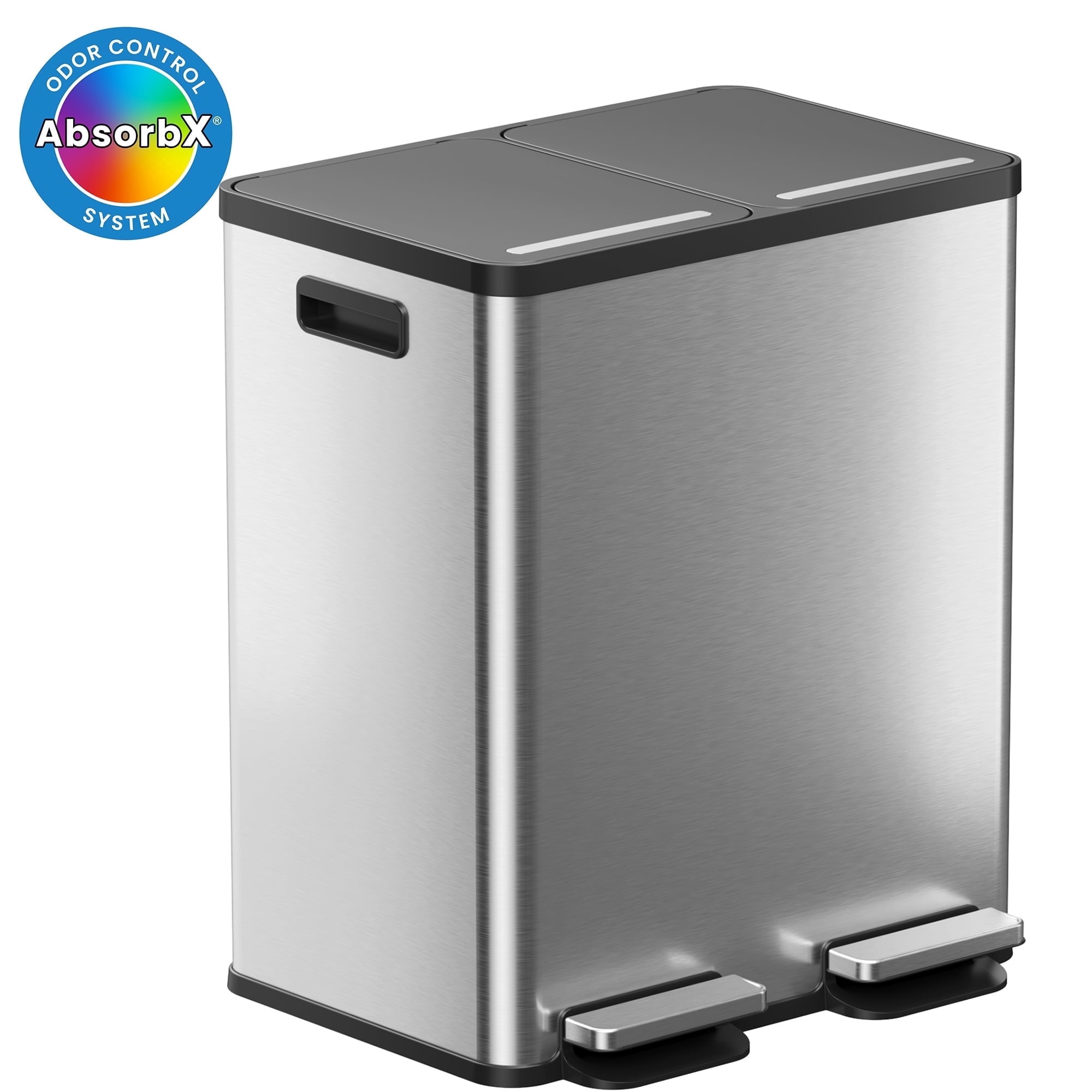 16 Gallon Stainless Steel Dual Compartment Combo Step Pedal Trash Can and Recycle Bin Silver