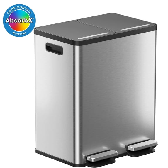 16 Gallon Stainless Steel Dual Compartment Combo Step Pedal Trash Can and Recycle Bin Silver