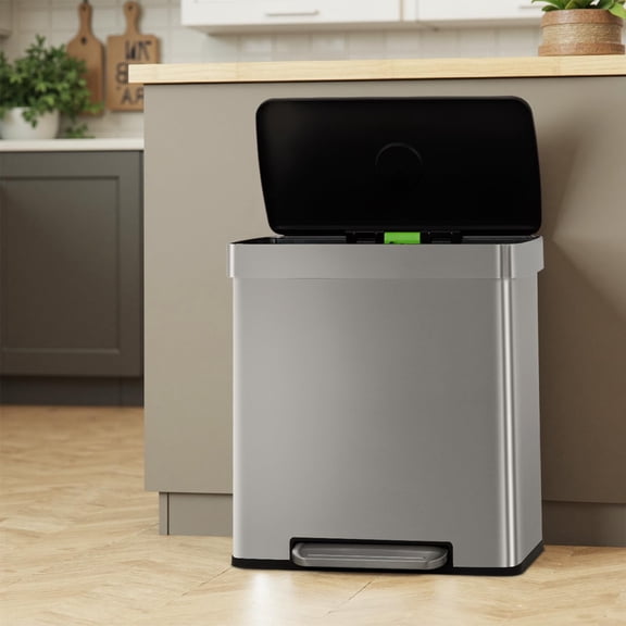 16 Gallon Trash Can with Lid, Stainless Steel Dual Compartment Garbage Bin Rectangular Recycling Garbage Can, Step-on, Dual Removable Buckets, for Kitchen Home & Office, Silver