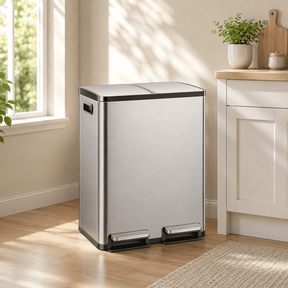 16 Gallon Trash Can with Lid, 60L Stainless Steel Dual Compartment Large Capacity Recycling Bin Garbage Can with Removable Inner Bucket for Kitchen