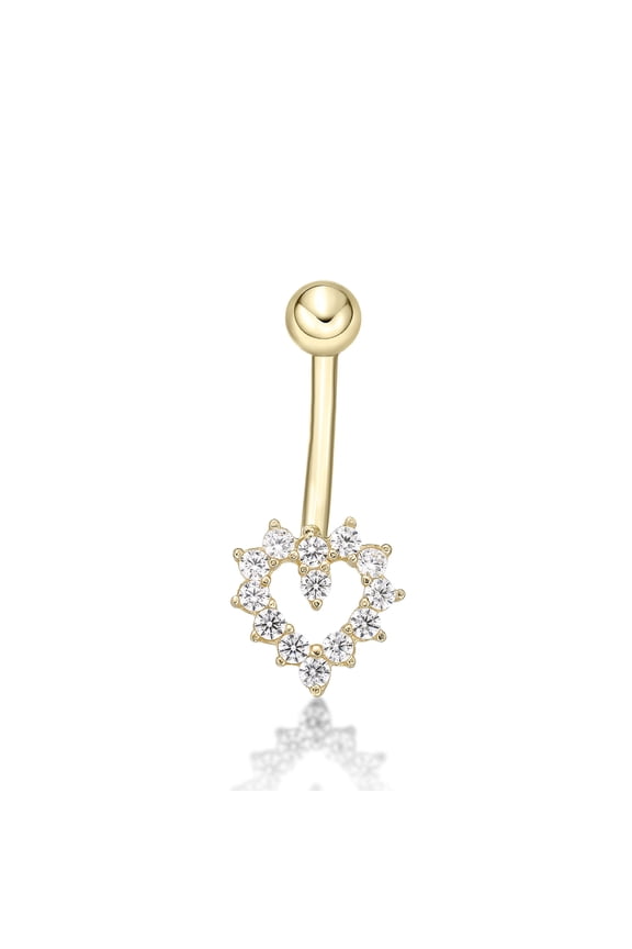 16 Gauge 10 mm Cubic Zirconia Heart Belly Ring in 14k Yellow Gold by Lavari Jewelers