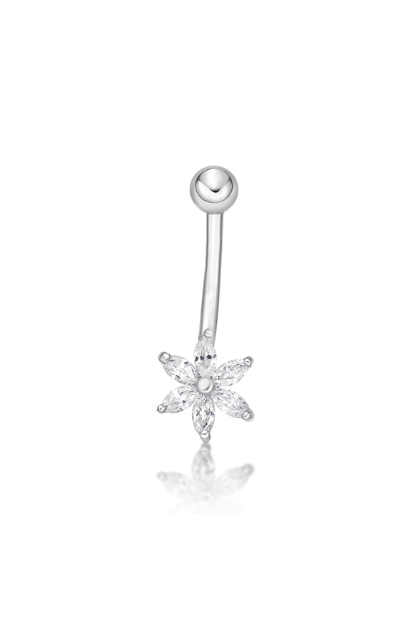 16 Gauge 10K White Gold 8MM Cubic Zirconia Flower Belly Ring