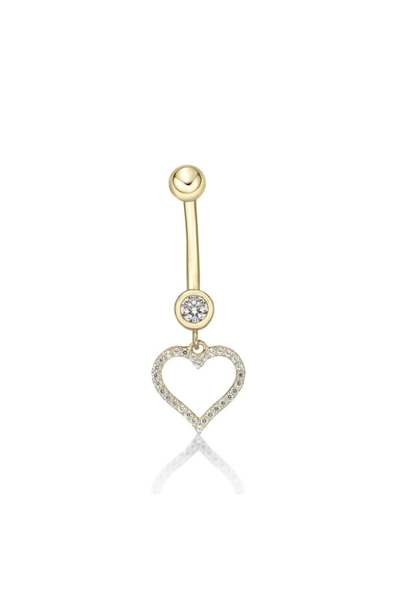 16 Gauge 10K Yellow Gold Cubic Zirconia Heart Belly Ring 12 MM Post Length