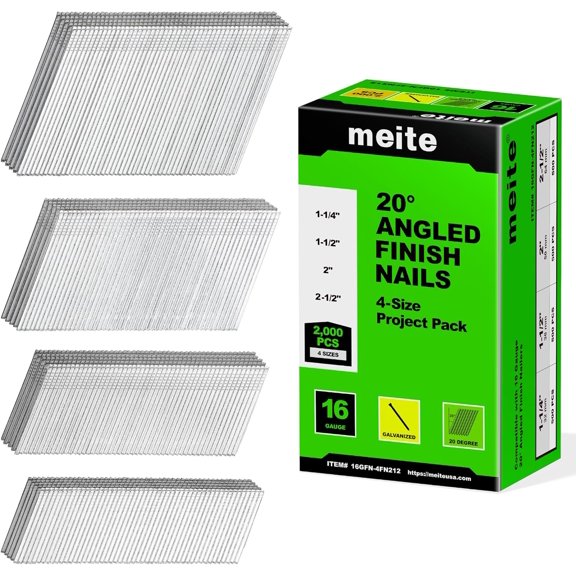16 Gauge 20 Degree Angled Finish Nails Set, 2000-Pack Assorted Size Project Pack Galvanized Nails for Electric or Pneumatic Finish Nailer/Nail Gun, (2-1/2", 2", 1-1/2", 1-1/4", 500 Per Sizes)