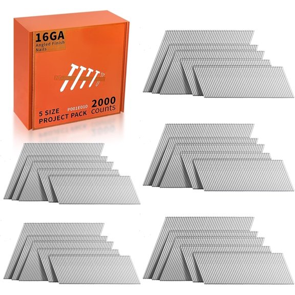 16 Gauge Angled Finish Nails, 20-, 2000-Count (2-1/2", 2", /4", 1-1/2", 1-1/4") 16GA Galvanized Finishing Nails, Assorted Framing Nails for Pneumatic, Electric Finish Nailer