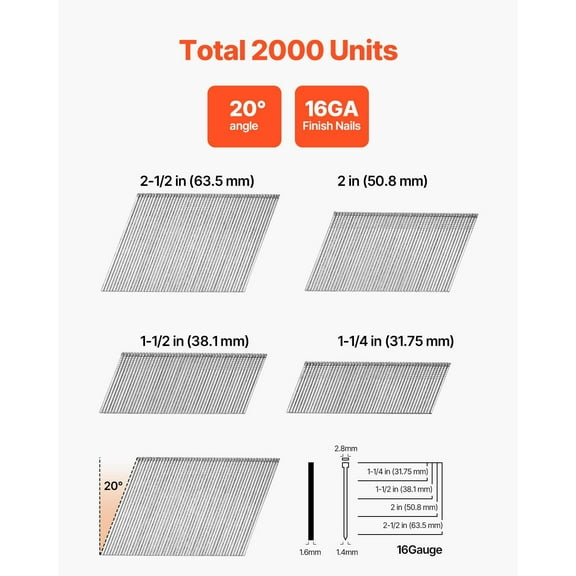 16 Gauge Angled Finish Nails 2000 Pcs 4 Sizes (1-1/4" to 2-1/2") for Baseboards & Crown Molding