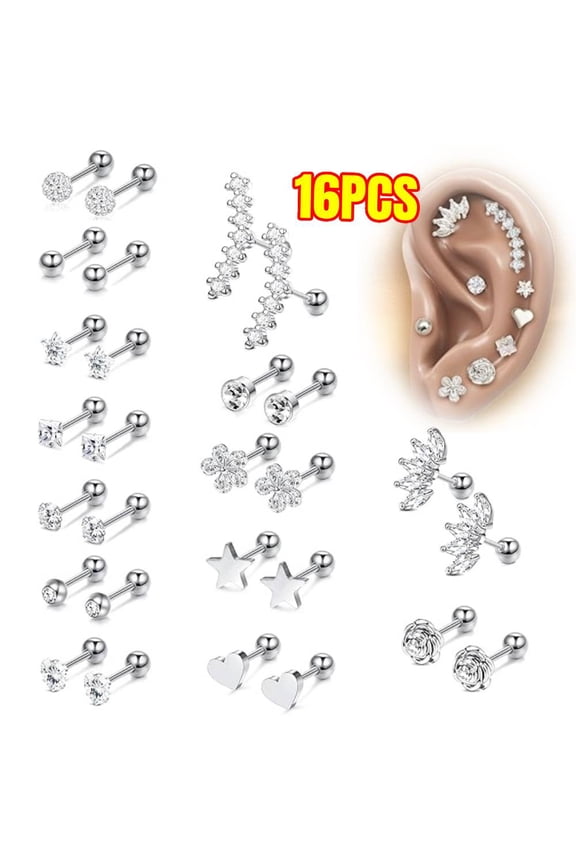 16 Gauge Cartilage Earrings, Flat Back Earrings-Cartilage Earring Stacks- Steel Earrings for Sensitive Ears - Stainless Steel Flatback Stud Hoop Earring Sets