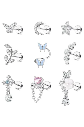 16 Gauge Cartilage Earrings Helix Earrings for Women Stainless Steel Helix Piercing Jewelry Leaf Butterfly CZ Studs Flat Back Cartilage Earrings Silver Tone Silver Tone Silver Tone Silver