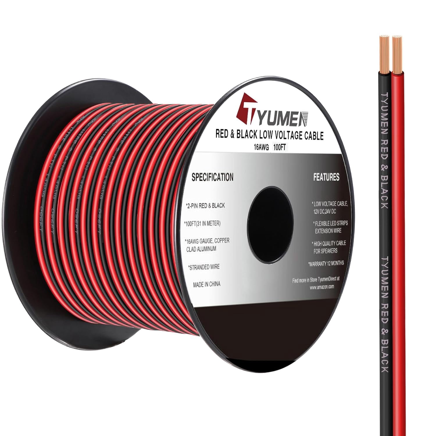 16 Gauge Wire 100FT, 16/2 AWG Red Black Hookup Electrical Wire LED ...