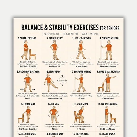 16 Gentle And Stable Movements For Elderly Balance Exercise Poster, Elderly Exercise Table, Elderly Fitness Poster poster