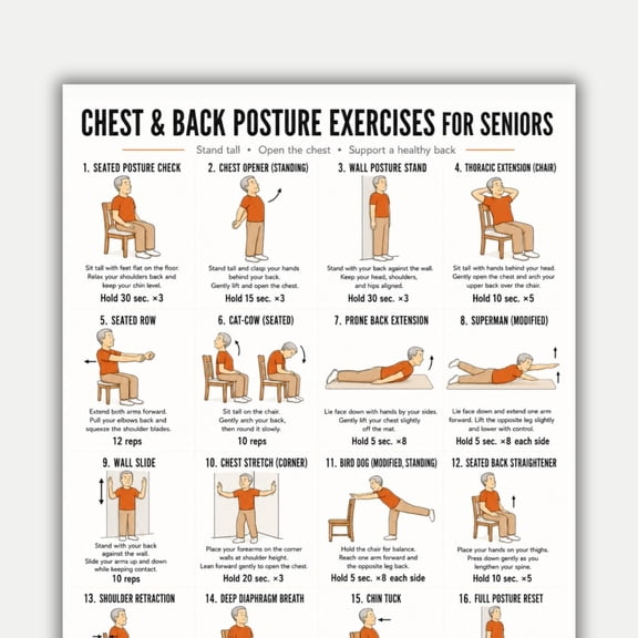 16 Gentle Chest And Back Actions For Elderly Posture Practice Posters, Elderly Exercise Table Posters, Elderly Fitness Posters poster