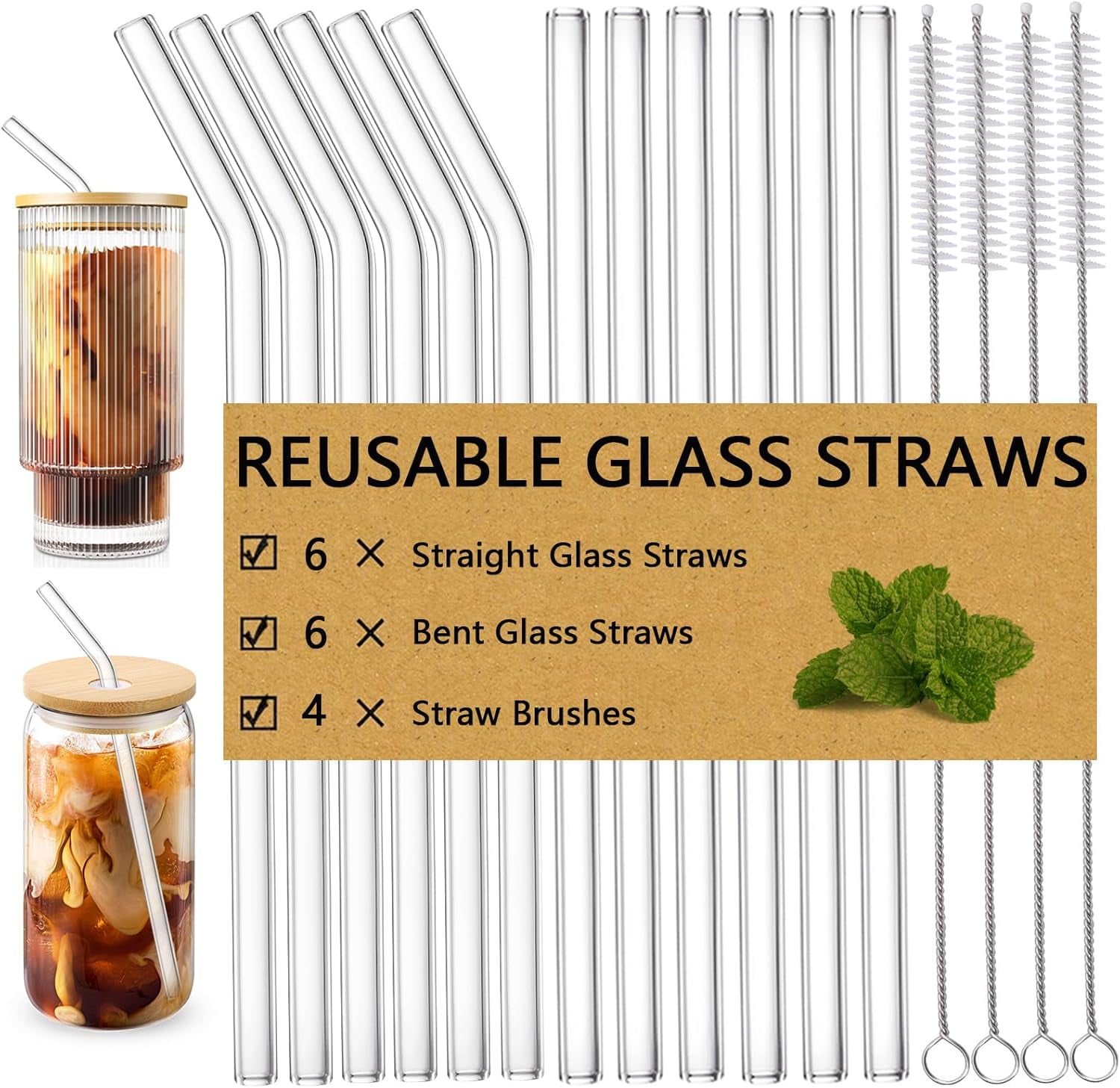 16 Glass Straws with Brushes, Clear Glass Drinking Straws, 8.5''x10MM, Set of 6 Straight + 6 Bent with + 4 Cleaning Brushes