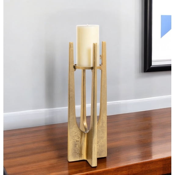 16" Gold Distressed Aluminum Geometric Tabletop Pillar Candle Holder