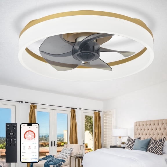 Depuley 16" Gold Flush Mount Ceiling Fan with Light - Low Profile, App & Remote Control, 6-Speed Quiet DC Motor, Dimmable LED for Bedroom