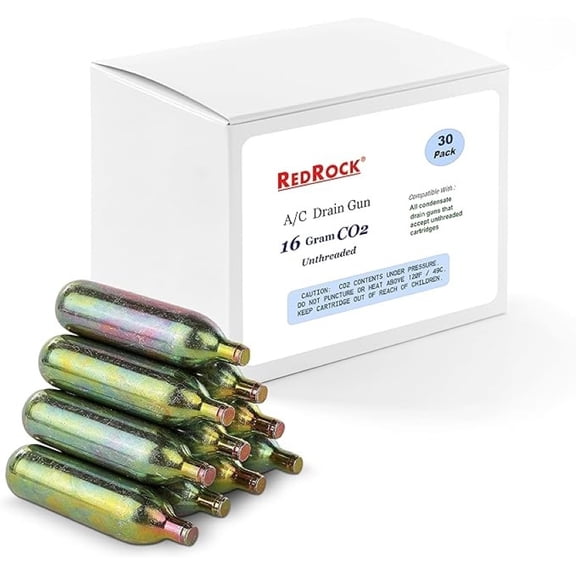 RedRock 16 Gram Unthreaded CO2 Cartridges (30 Pack) HVAC Drain Line Clearer Tool Refill for Gallo Drain Line Tool, AC Condensate Drain Blaster & Bike Tire Inflator