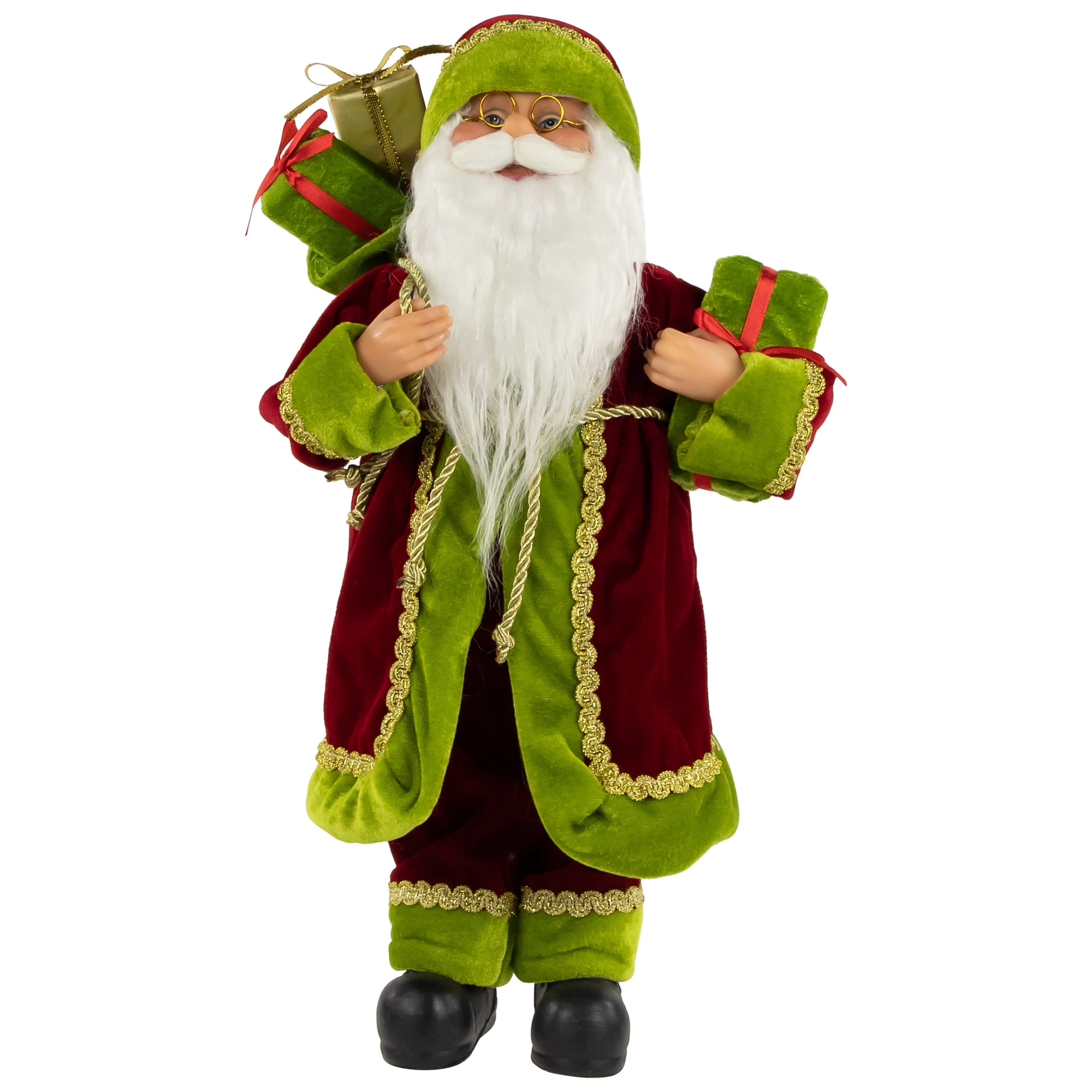 16" Grand Imperial Red Green and Gold Standing Santa Claus Christmas Figure with Gift Bag