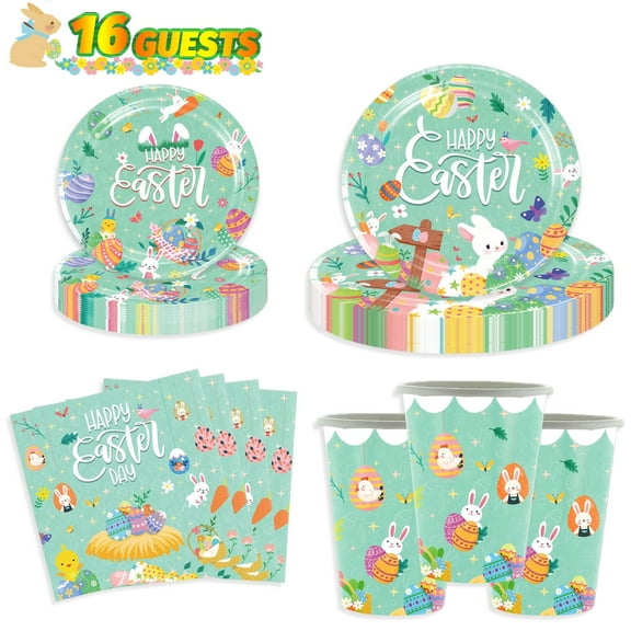 16 Guests Happy Easter Dinnerware Bundle Easter Cups Dinner & Dessert Plates and Napkins Disposable Paper Tableware Set for Easter Picnic Church Easter Egg Hunt Bunny Brunch Party Supplies