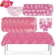 16 Guests Valentine's Day Party Supplies Tableware Set 9 oz Cup Tablecloth Plates and Napkins for Galentine’s Day Birthday Baby Show Wedding Dinnerware Plastic Table Cover