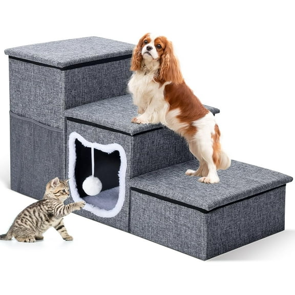 16"H 3-Step Foldable Dog/Cat Stairs - Non-Slip Storage Condo + Fluffy Ball, Indoor Ramp for Small Pets (Beds/Couches/Windows)