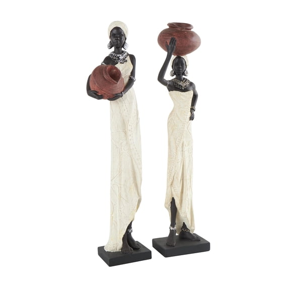 16"H, 4"W Cream Polystone Standing African Woman Sculpture with Red Water Pots and Black Base, by DecMode (2 Count)
