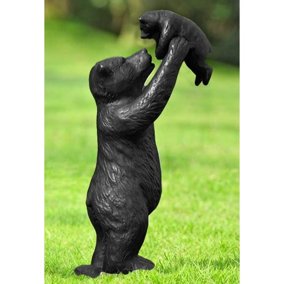 16"H Aluminum Whimsical Rustic Forest Black Momma Bear Lifting Her Cub Statue