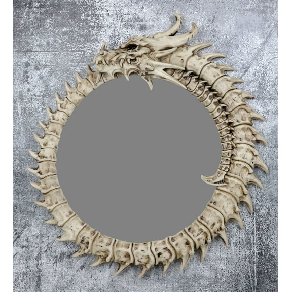 16"H Gothic Spiked Skeleton Skeletal Bone Dragon Round Wall Mirror Plaque Decor